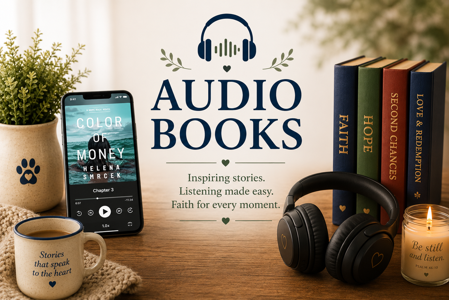 Audiobooks collection featuring Christian fiction, audiobook covers, headphones, and inspiring stories of faith, hope, and second chances.