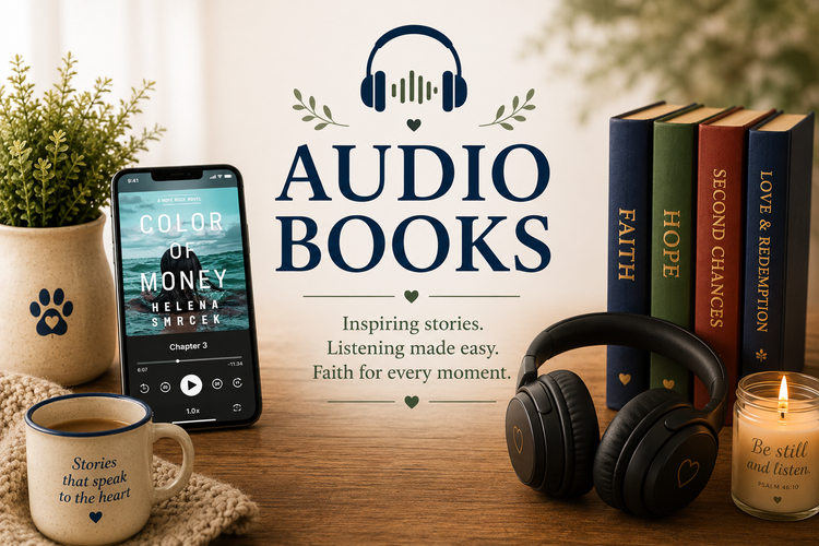Audiobooks collection featuring Christian fiction, audiobook covers, headphones, and inspiring stories of faith, hope, and second chances.