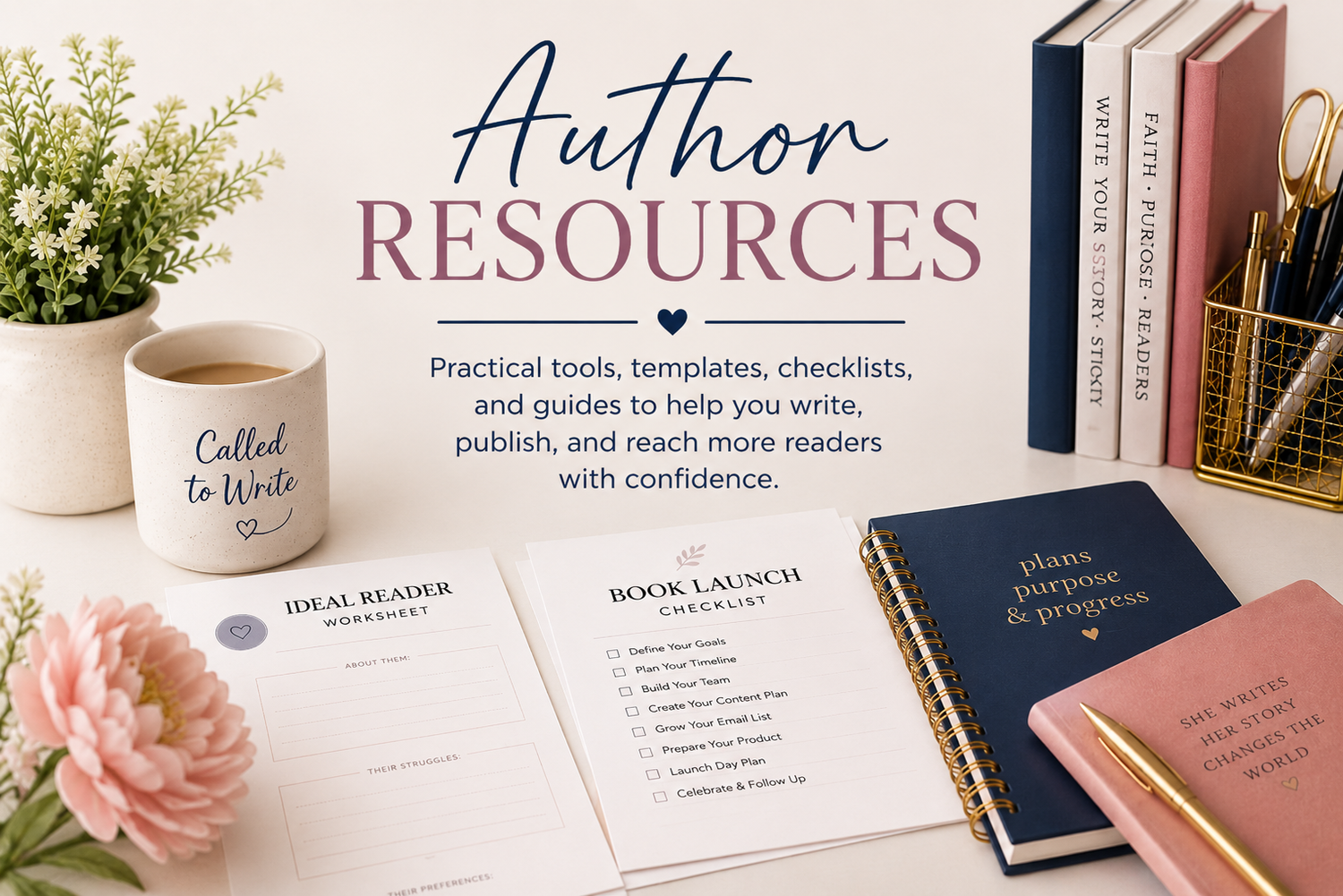 Author Resources collection featuring writing worksheets, book launch checklists, journals, and planning tools for authors.