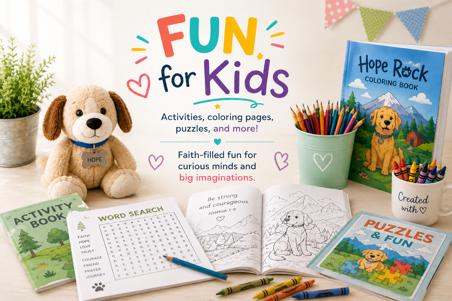 Fun for Kids collection featuring coloring books, puzzles, word searches, and faith-based activities for children ages 5–8.