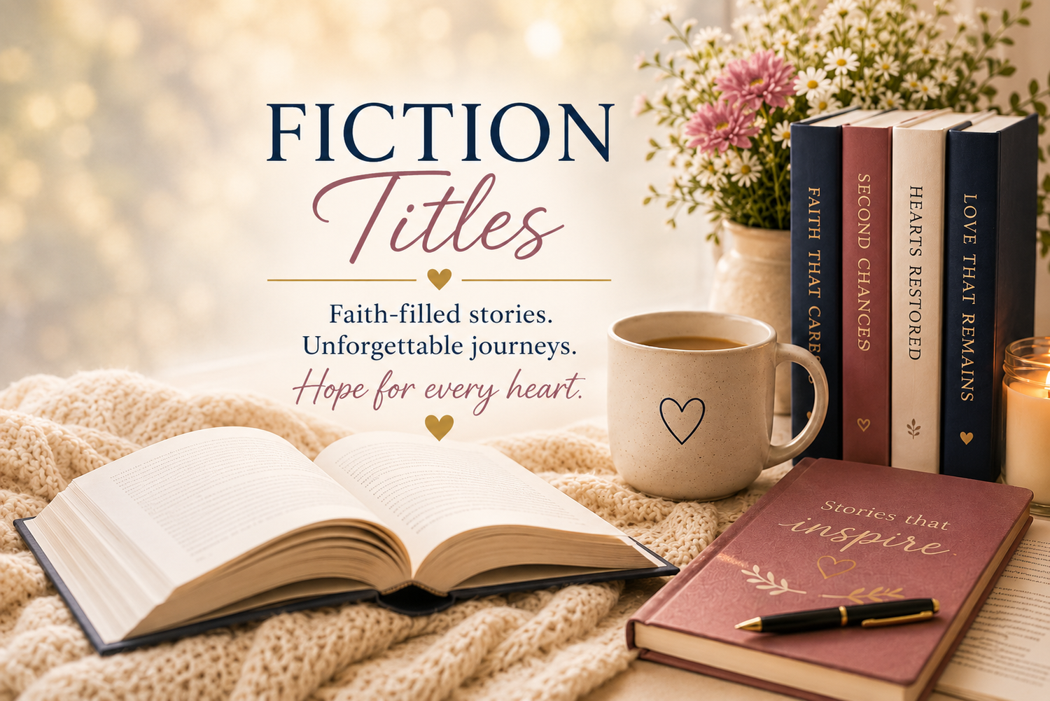 Fiction Titles collection featuring Christian books, cozy reading elements, and stories of faith, hope, romance, and second chances.
