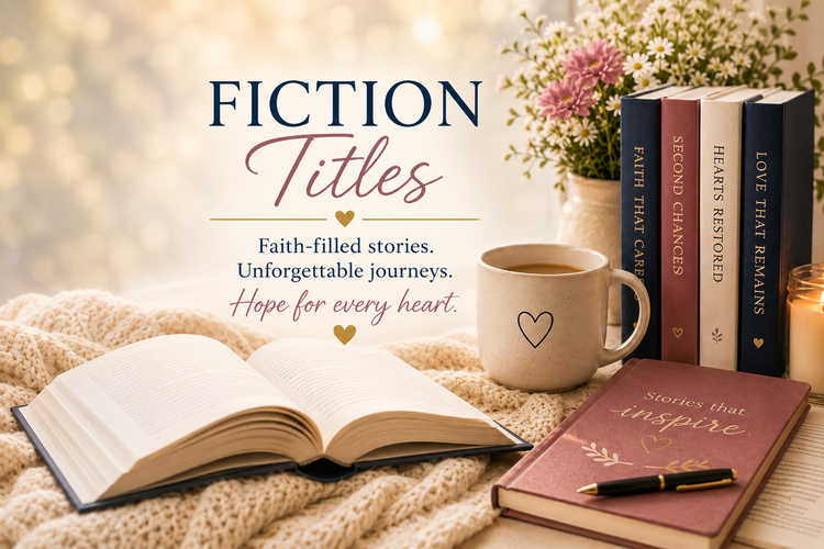 Fiction Titles collection featuring Christian books, cozy reading elements, and stories of faith, hope, romance, and second chances.